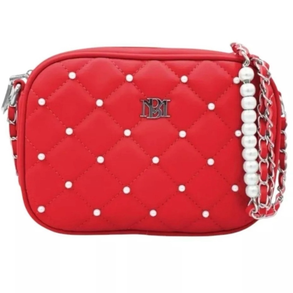 NWT Badgley Mischka Diamond Quilted Red Camera Bag With Pearls Vegan Leather